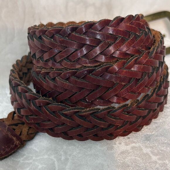 Vintage Leather Belt Unisex M/L Brown Braided Gold Tone Buckle Made In Uruguay - Picture 5 of 7